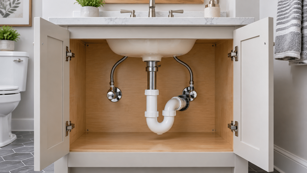 small bathroom vanity showing plumbing